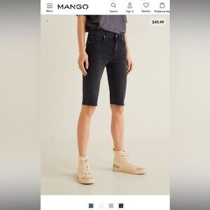 MANGO Biker Style Denim Raw Hem Bermuda Shorts in Black
